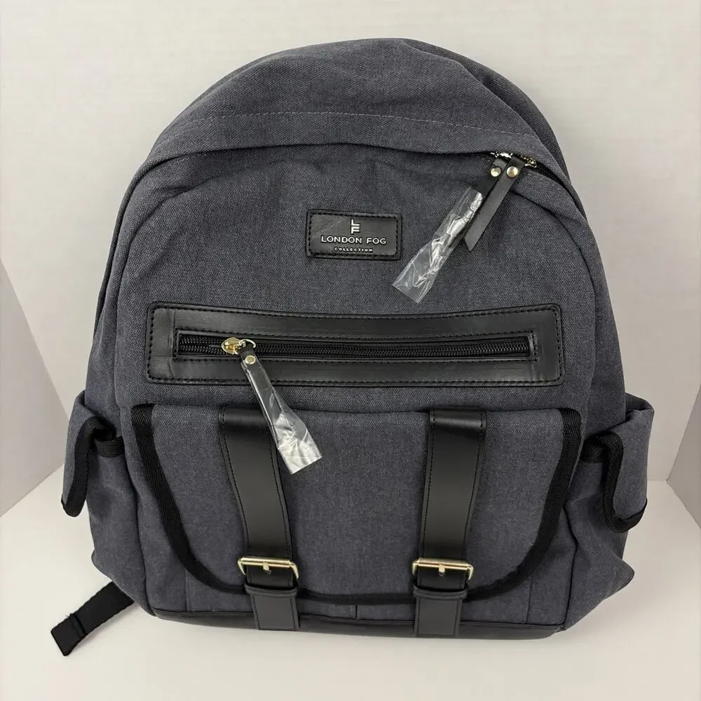 London Fog Collection Backpack Denim Canvas 16x12x5 Inch Pockets Blue Black